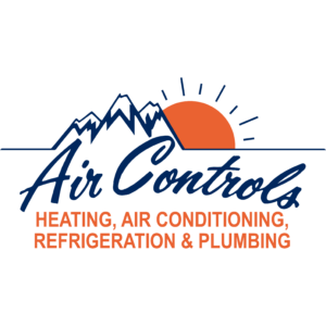 Air Controls logo featuring blue script with mountains and sun, plus orange text listing services: heating, cooling, refrigeration and plumbing.